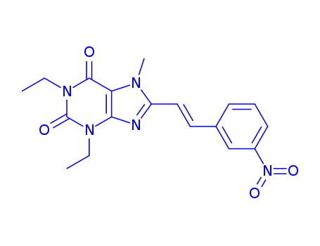 Molecular Structure of 155271-83-3 (1,3-diethyl-7-methyl-8-[(E)-2-(3-nitrophenyl)ethenyl]-3,7-dihydro-1H-purine-2,6-dione)