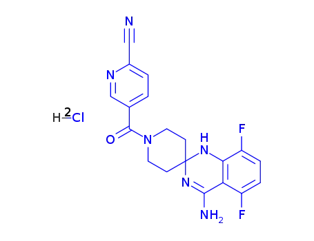 Molecular Structure of 190010-48-1 (2-Pyridinecarbonitrile, 5-[(4'-amino-5',8'-difluorospiro[piperidine-4,2'(1'H)-quinazolin]-1-yl)carbonyl]-, hydrochloride (1:2))