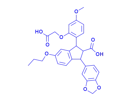 Molecular Structure of 157659-79-5 ((1S,2R,3S)-1-(1,3-benzodioxol-5-yl)-3-[2-(carboxymethoxy)-4-methoxyphenyl]-5-propoxy-2,3-dihydro-1H-indene-2-carboxylic acid)