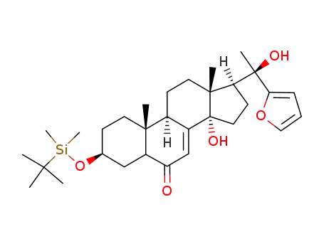 Molecular Structure of 102942-01-8 ((20R)-3β-((tert-butyldimethylsilyl)oxy)-20-(2-furyl)-14α,20-dihydroxy-5ε-pregn-7-en-6-one)