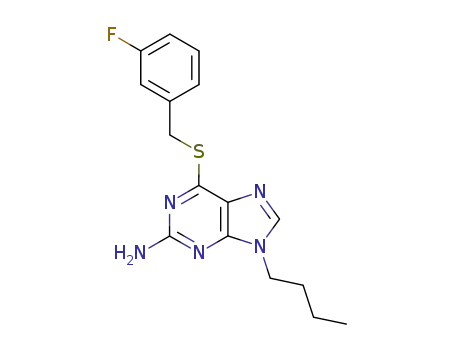 Molecular Structure of 1581-22-2 (9-butyl-6-[(3-fluorophenyl)methylsulfanyl]purin-2-amine)