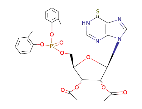 Molecular Structure of 15923-59-8 (9-{2,3-di-O-acetyl-5-O-[bis(2-methylphenoxy)phosphoryl]pentofuranosyl}-3,9-dihydro-6H-purine-6-thione)