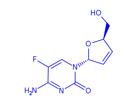 Molecular Structure of 181785-84-2 (4-amino-5-fluoro-1-[(2S,5R)-5-(hydroxymethyl)-2,5-dihydrofuran-2-yl]pyrimidin-2-one)
