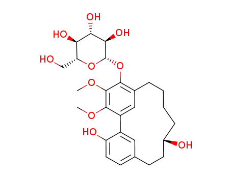 Molecular Structure of 90052-02-1 (beta-D-Glucopyranoside, 3,9-dihydroxy-16,17-dimethoxytricyclo(12.3.1.1 (2,6))nonadeca-1(18),2,4,6(19),14,16-hexaen-15-yl, (R)-)