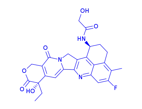 Molecular Structure of 1599440-33-1 (N-[(10S,23S)-10-ethyl-18-fluoro-10-hydroxy-19-methyl-5,9-dioxo-8-oxa-4,15-diazahexacyclo[14.7.1.02,14.04,13.06,11.020,24]tetracosa-1,6(11),12,14,16,18,20(24)-heptaen-23-yl]-2-hydroxyacetamide)