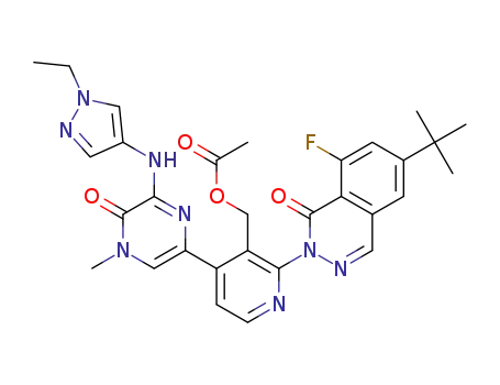 Molecular Structure of 1433852-40-4 ((2-(6-tert-butyl-8-fluoro-1-oxophthalazin-2(1H)-yl)-4-(6-(1-ethyl-1H-pyrazol-4-ylamino)-4-methyl-5-oxo-4,5-dihydropyrazin-2-yl)pyridin-3-yl)methyl acetate)