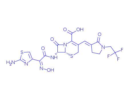 Molecular Structure of 161672-76-0 ((6R,7R)-7-{[(2Z)-2-(2-amino-1,3-thiazol-4-yl)-2-(hydroxyimino)acetyl]amino}-8-oxo-3-{(E)-[2-oxo-1-(2,2,2-trifluoroethyl)pyrrolidin-3-ylidene]methyl}-5-thia-1-azabicyclo[4.2.0]oct-2-ene-2-carboxylic acid)