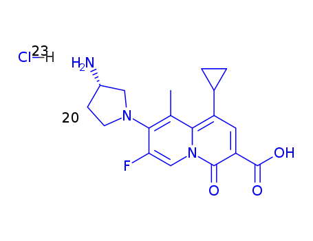 Molecular Structure of 162763-53-3 (8-[(3S)-3-aminopyrrolidin-1-yl]-1-cyclopropyl-7-fluoro-9-methyl-4-oxo-4H-quinolizine-3-carboxylic acid hydrochloride (1:1))