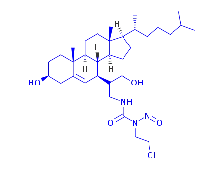 Molecular Structure of 164120-27-8 (1-(2-chloroethyl)-3-[2-[(3S,7R,10R,13R,17R)-17-[(1R)-1,5-dimethylhexyl]-3-hydroxy-10,13-dimethyl-2,3,4,7,8,9,11,12,14,15,16,17-dodecahydro-1H-cyclopenta[a]phenanthren-7-yl]-3-hydroxy-propyl]-1-nitroso-urea)