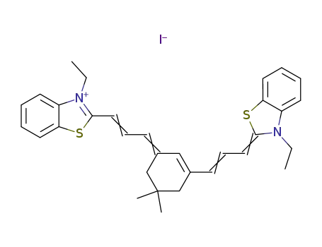 Molecular Structure of 68339-70-8 (3-ETHYL-2-[(E)-3-(3-((E)-3-[3-ETHYL-1,3-BENZOTHIAZOL-2(3H)-YLIDENE]-1-PROPENYL)-5,5-DIMETHYL-2-CYCLOHEXEN-1-YLIDENE)-1-PROPENYL]-1,3-BENZOTHIAZOL-3-IUM IODIDE)
