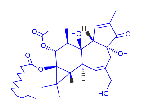 Molecular Structure of 16675-05-1 ((1aR)-1,1aα,1bβ,4,4a,7aα,7b,8,9,9a-Decahydro-3-hydroxymethyl-5-oxo-1,1,6,8α-tetramethyl-5H-cyclopropa[3,4]benz[1,2-e]azulene-4aβ,7bα,9α,9aβ-tetrol 9-acetate 9a-laurate)