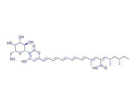 Molecular Structure of 197631-20-2 ((2Z,3E,5E,7E,9E,11E,13E)-14-[(7S,8R,9R)-7,8-dihydroxy-5-oxo-9-(1,2,3-t rihydroxypropyl)-4,10-dioxabicyclo[4.4.0]deca-2,11-dien-3-yl]-2-(2,4-d imethylhexylidene)-4-methyl-tetradeca-3,5,7,9,11,13-hexaenoic acid)