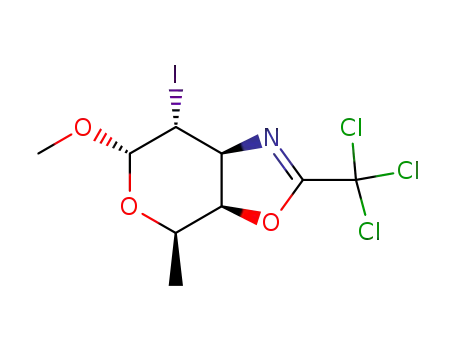 Molecular Structure of 83803-05-8 (2,3,4,6-tetradeoxy-4',5'-dihydro-2-iodo-2'-trichloromethyl(methyl α-DL-altropyranosido)<3,4-d>oxazole)