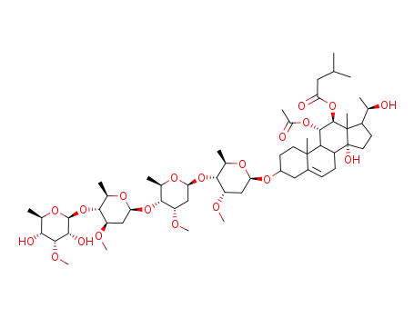 Molecular Structure of 98683-84-2 (Pregn-5-ene-11,12,14,20-tetrol,3-[(O-6-deoxy-3-O-methyl-b-D-allopyranosyl-(1®4)-O-2,6-dideoxy-3-O-methyl-b-D-arabino-hexopyranosyl-(1®4)-O-2,6-dideoxy-3-O-methyl-b-D-ribo-hexopyranosyl-(1®4)-2,6-dideoxy-3-O-methyl-b-D-ribo-hexopyranosyl)oxy]-, 11-acetate 12-(3-methylbutanoate), (3b,11a,12b,14b)- (9CI))