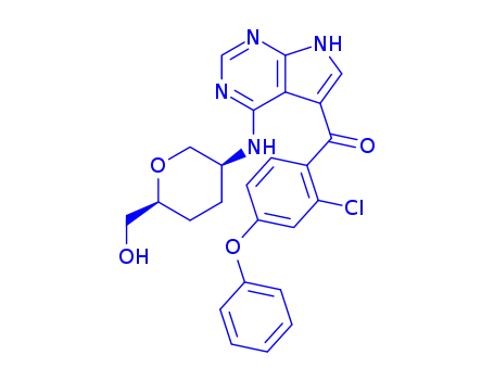 Molecular Structure of 2095393-15-8 ((2-chloro-4-phenoxyphenyl)(4-(((3S,6S)-6-(hydroxymethyl)tetrahydro-2H-pyran-3-yl)amino)-7H-pyrrolo[2,3-d]pyrimidin-5-yl)methanone)