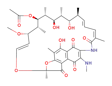 Molecular Structure of 17554-98-2 ((14E,24E)-5,17,19-trihydroxy-23-methoxy-2,4,12,16,18,20,22-heptamethyl-8-(methylamino)-1,6,9,11-tetraoxo-1,2,6,9-tetrahydro-2,7-(epoxypentadeca[1,11,13]trienoimino)naphtho[2,1-b]furan-21-yl acetate)