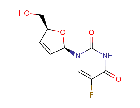 Molecular Structure of 15379-29-0 (5-fluoro-1-[(2S,5R)-5-(hydroxymethyl)-2,5-dihydrofuran-2-yl]pyrimidine-2,4-dione)