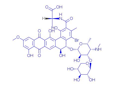 Molecular Structure of 153619-27-3 ((2R)-2-({[(5S,6S)-4-bromo-1,6,9,14-tetrahydroxy-5-{[(2S,3R,4S,5S,6R)-3-hydroxy-6-methyl-5-(methylamino)-4-{[(2S,3R,4S,5R)-3,4,5-trihydroxytetrahydro-2H-pyran-2-yl]oxy}tetrahydro-2H-pyran-2-yl]oxy}-11-methoxy-3-methyl-8,13-dioxo-5,6,8,13-tetrahydrobenzo[a])