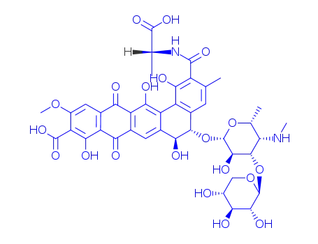 Molecular Structure of 153619-29-5 ((5S,6S)-2-{[(1R)-1-carboxyethyl]carbamoyl}-5-{[4,6-dideoxy-4-(methylamino)-3-O-(beta-D-xylopyranosyl)-beta-D-galactopyranosyl]oxy}-1,6,9,14-tetrahydroxy-11-methoxy-3-methyl-8,13-dioxo-5,6,8,13-tetrahydrobenzo[a]tetracene-10-carboxylic acid)