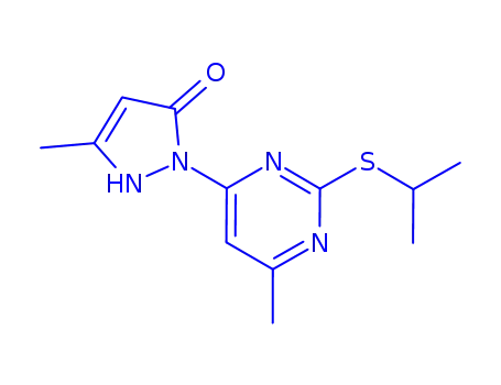 Molecular Structure of 154496-71-6 (5-methyl-2-{6-methyl-2-[(1-methylethyl)sulfanyl]pyrimidin-4-yl}-1,2-dihydro-3H-pyrazol-3-one)