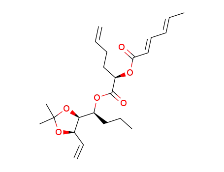 Molecular Structure of 459850-64-7 ((2E,4E)-Hexa-2,4-dienoic acid (R)-1-[(S)-1-((4S,5R)-2,2-dimethyl-5-vinyl-[1,3]dioxolan-4-yl)-butoxycarbonyl]-pent-4-enyl ester)
