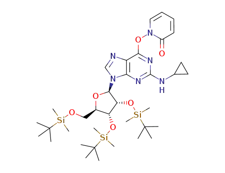 Molecular Structure of 1203555-58-1 (2',3',5'-tris-O-(tert-butyldimethylsilyl)-N<sub>2</sub>-cyclopropyl-O<sub>6</sub>-(2-oxopyridin-1(2H)-yl)guanosine)