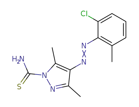 Molecular Structure of 29141-33-1 (4-[(E)-(2-chloro-6-methylphenyl)diazenyl]-3,5-dimethyl-1H-pyrazole-1-carbothioamide)