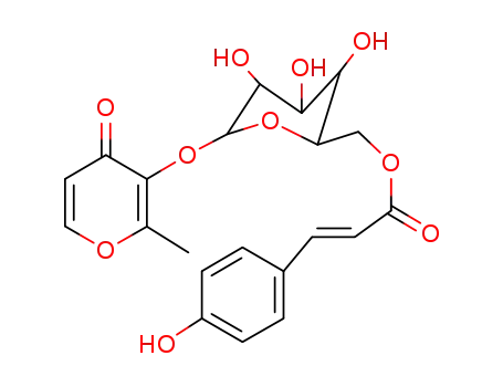 Molecular Structure of 28876-17-7 (2-Methyl-4-oxo-4H-pyran-3-yl 6-O-[(Z)-3-(4-hydroxyphenyl)propenoyl]-β-D-glucopyranoside)