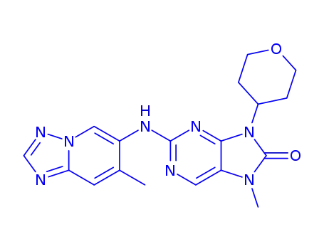 Molecular Structure of 2230820-11-6 (7-methyl-2-((7-methyl-[1,2,4]triazolo[1,5-a]pyridin-6-yl)amino)-9-(tetrahydro-2H-pyran-4-yl)-7,9-dihydro-8H-purin-8-one)