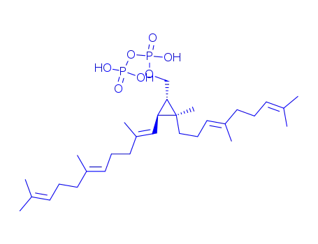 Molecular Structure of 22477-86-7 ({(1R,2R,3R)-2-[(3E)-4,8-dimethylnona-3,7-dien-1-yl]-2-methyl-3-[(1E,5E)-2,6,10-trimethylundeca-1,5,9-trien-1-yl]cyclopropyl}methyl trihydrogen diphosphate)