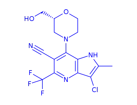 Molecular Structure of 2227425-05-8 ((R)-3-chloro-7-(2-(hydroxymethyl)morpholino)-2-methyl-5-(trifluoromethyl)-1H-pyrrolo[3,2-b]pyridine-6-carbonitrile)