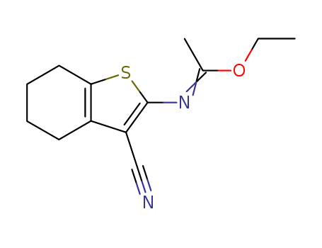 Molecular Structure of 178685-48-8 (Ethanimidic acid, N-(3-cyano-4,5,6,7-tetrahydrobenzo[b]thien-2-yl)-,
ethyl ester)