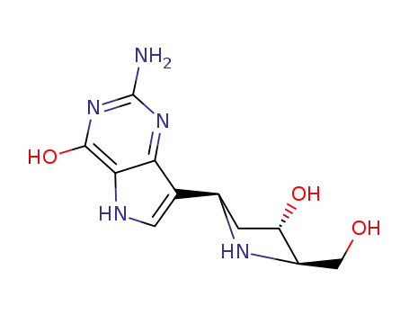 Molecular Structure of 222631-33-6 (4H-Pyrrolo3,2-dpyrimidin-4-one, 2-amino-1,5-dihydro-7-(2R,4S,5R)-4-hydroxy-5-(hydroxymethyl)-2-pyrrolidinyl-)