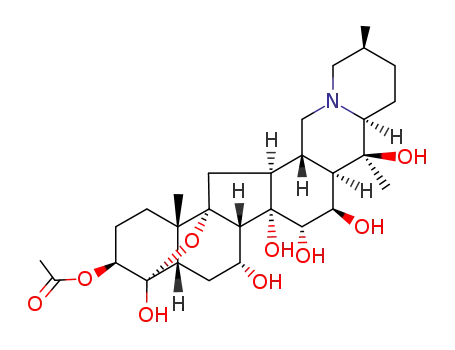 Molecular Structure of 23239-27-2 ((5xi,7alpha,8xi,9xi,10xi,12xi,13xi,15alpha,17xi,22xi,25xi)-4,7,14,15,16,20-hexahydroxy-4,9-epoxycevan-3-yl acetate)