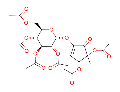 Molecular Structure of 130752-64-6 (Acetic acid 5-acetoxy-1-methyl-2-oxo-3-((2R,3R,4S,5R,6R)-3,4,5-triacetoxy-6-acetoxymethyl-tetrahydro-pyran-2-yloxy)-cyclopent-3-enyl ester)