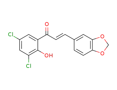 Molecular Structure of 133133-19-4 ((E)-3-(benzo[d][1,3]dioxol-5-yl)-1-(3,5-dichloro-2-hydroxyphenyl)prop-2-en-1-one)