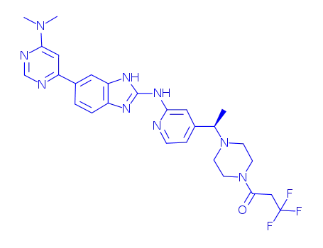 Molecular Structure of 2409479-29-2 (1-(4-{(1R)-1-[2-({6-[6-(dimethylamino)pyrimidin-4-yl]-1H-benzimidazol-2-yl}amino)pyridin-4-yl]ethyl}piperazin-1-yl)-3,3,3-trifluoropropan-1-one)