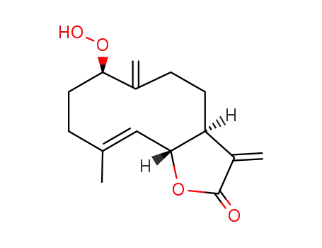 Molecular Structure of 31105-79-0 ((3aS,7R,10E,11aR)-3a,4,5,6,7,8,9,11a-Octahydro-7-hydroperoxy-10-methyl-3,6-bis(methylene)cyclodeca[b]furan-2(3H)-one)