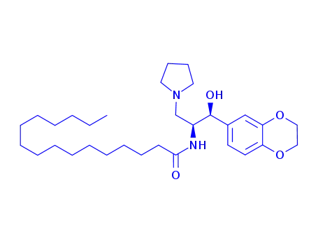 Molecular Structure of 245329-78-6 (Hexadecanamide, N-[(1R,2R)-2-(2,3-dihydro-1,4-benzodioxin-6-yl)-2-hydroxy-1-(1-pyrrolidinylmethyl)ethyl]-)
