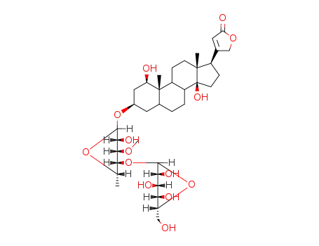 Molecular Structure of 31153-57-8 ((1beta,3beta,5beta)-3-{[6-deoxy-4-O-(beta-D-glucopyranosyl)-3-O-methyl-alpha-L-talopyranosyl]oxy}-1,14-dihydroxycard-20(22)-enolide)