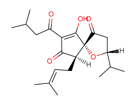 Molecular Structure of 31319-12-7 (9-Hydroxy-2-isopropyl-8-isovaleryl-6-(3-methyl-2-butenyl)-1-oxaspiro[4.4]non-8-ene-4,7-dione)