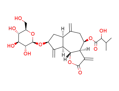 Molecular Structure of 101153-66-6 (Butanoic acid,2-hydroxy-3-methyl-, (3aR,4R,6aR,8S,9aR,9bR)-8-(b-D-glucopyranosyloxy)dodecahydro-3,6,9-tris(methylene)-2-oxoazuleno[4,5-b]furan-4-ylester)