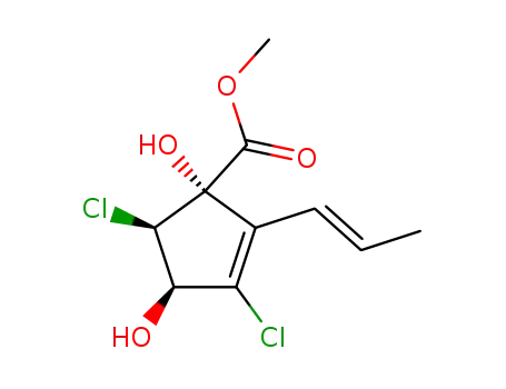 Molecular Structure of 26312-75-4 (2-Cyclopentene-1-carboxylicacid, 3,5-dichloro-1,4-dihydroxy-2-(1E)-1-propen-1-yl-, methyl ester,(1S,4S,5R)-)