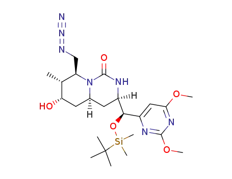 Molecular Structure of 434308-88-0 ((3R,4aS,6S,7R,8S)-8-Azidomethyl-3-[(S)-(tert-butyl-dimethyl-silanyloxy)-(2,6-dimethoxy-pyrimidin-4-yl)-methyl]-6-hydroxy-7-methyl-octahydro-pyrido[1,2-c]pyrimidin-1-one)