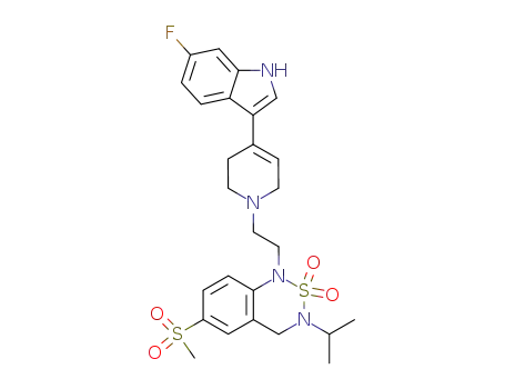 Molecular Structure of 271780-64-4 (1-(2-[4-(6-FLUORO-1H-INDOL-3-YL)-3,6-DIHYDRO-2H-PYRIDIN-1-YL]-ETHYL)-3-ISOPROPYL-6-METHANESULFONYL-3,4-DIHYDRO-1H-BENZO[1,2,6]THIADIAZINE 2,2-DIOXIDE)