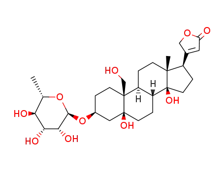 Molecular Structure of 29336-13-8 (Card-20(22)-enolide,3-[(6-deoxy-b-D-gulopyranosyl)oxy]-5,14,19-trihydroxy-,(3b,5b)- (9CI))