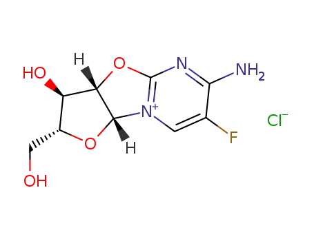 Molecular Structure of 61787-01-7 ((3a<i>S</i>)-6-amino-7-fluoro-3<i>c</i>-hydroxy-2<i>t</i>-hydroxymethyl-(3a<i>r</i>,9a<i>c</i>)-2,3,3a,9a-tetrahydro-furo[2',3':4,5]oxazolo[3,2-<i>a</i>]pyrimidinylium; chloride)