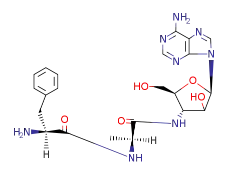Molecular Structure of 28342-90-7 (2-amino-N-(1-{[5-(6-amino-9H-purin-9-yl)-4-hydroxy-2-(hydroxymethyl)tetrahydrofuran-3-yl]amino}-1-oxopropan-2-yl)-3-phenylpropanamide (non-preferred name))