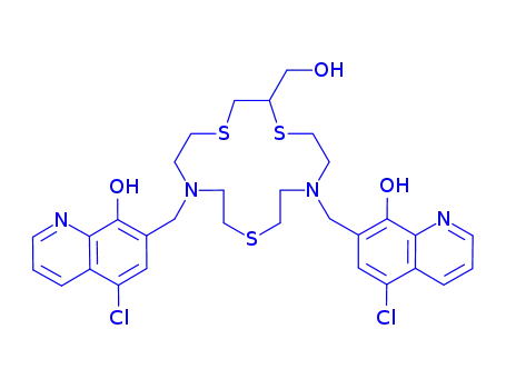 Molecular Structure of 343372-31-6 (7,7'-[[2-(HYDROXYMETHYL)-1,4,10-TRITHIA-7,13-DIAZACYCLOPENTADECANE-7,13-DIYL]BIS(METHYLENE)]BIS[5-CHLORO-8-QUINOLINOL])