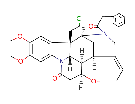 Molecular Structure of 34403-87-7 (6a-(2-chloroethyl)-8,9-dimethoxy-13-(phenylacetyl)-4a,5,6,6a,12,12a,12b,12c-octahydro-6,4-(epiminomethano)-1-oxa-10b-azacyclohepta[1,2,3-cd]fluoranthen-11(2H)-one)